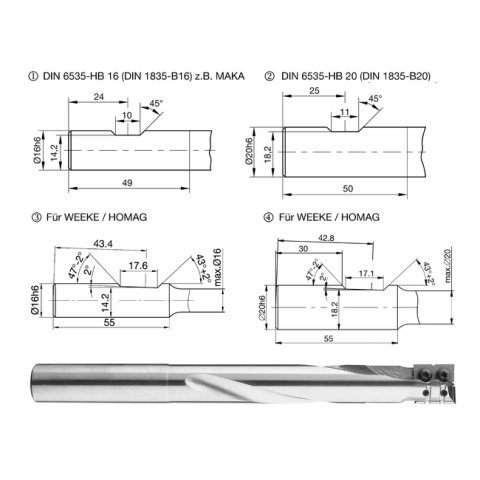 JSO 16mm Schlosskastenfräser mit Wechselmesser 16x16/105x180mm Schaft 16mm Z2