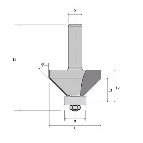 JSO 45° HW-Fasefräser "24100" Z2 30x15/53mm S6,35mm mit Anlauflager - 24102-5-30045-R