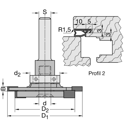 JSO Dichtungsfräsersatz Z2 HW D=50mm | d=8mm / S=8mm / Profil 2