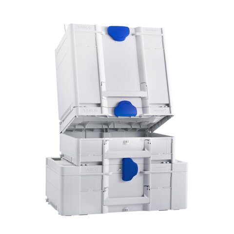 Tanos systainer³ M 137 lichtgrau (RAL 7035), Verschluss signalblau (HKS 43 K), Griff lichtgrau (RAL 7035)