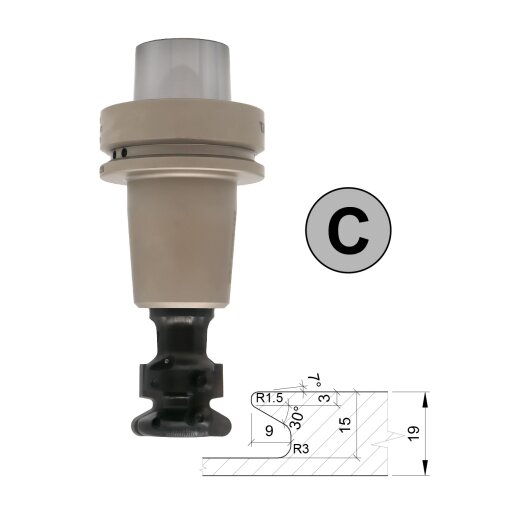 Aigner HW-Wechselmesser Griffmuldenfräser S=20mm Rechts mit 7 möglichen Profilen Profil "C" Thermo Schrumpffutter HSK-F 63