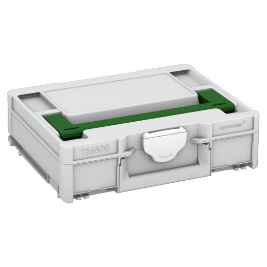 Tanos systainer³ M 112 lichtgrau (RAL 7035), Verschluss weiß (RAL 9016), Griff smaragdgrün (RAL 6001)