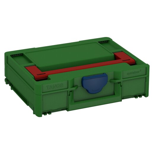 Tanos systainer³ M 112 smaragdgrün (RAL 6001), Verschluss saphirblau (RAL 5003), Griff karminrot (RAL 3002)
