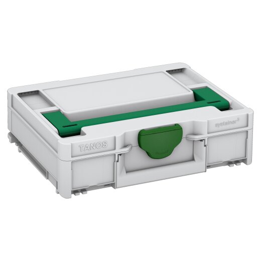 Tanos systainer³ M 112 lichtgrau (RAL 7035), Verschluss smaragdgrün (RAL 6001), Griff signalgrün (HKS 54 K)