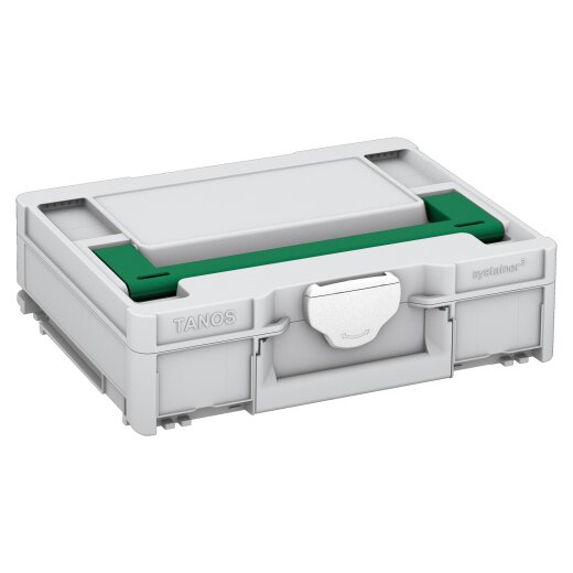 Tanos systainer³ M 112 lichtgrau (RAL 7035), Verschluss weiß (RAL 9016), Griff signalgrün (HKS 54 K)