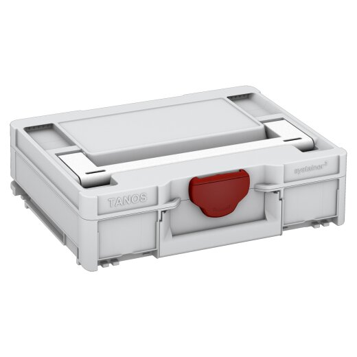Tanos systainer³ M 112 lichtgrau (RAL 7035), Verschluss karminrot (RAL 3002), Griff weiß (RAL 9016)
