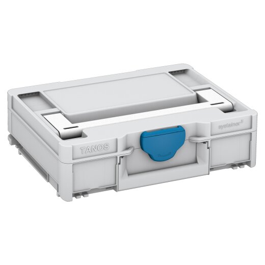 Tanos systainer³ M 112 lichtgrau (RAL 7035), Verschluss himmelblau (RAL 5015), Griff weiß (RAL 9016)