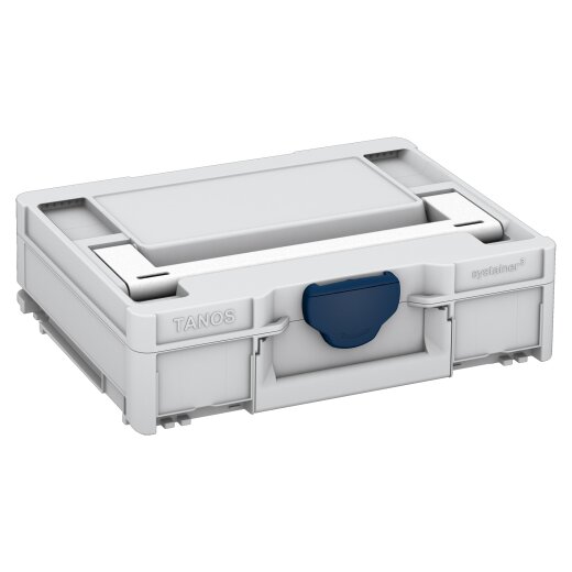 Tanos systainer³ M 112 lichtgrau (RAL 7035), Verschluss saphirblau (RAL 5003), Griff weiß (RAL 9016)