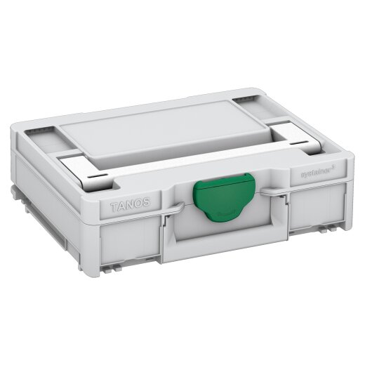 Tanos systainer³ M 112 lichtgrau (RAL 7035), Verschluss signalgrün (HKS 54 K), Griff weiß (RAL 9016)
