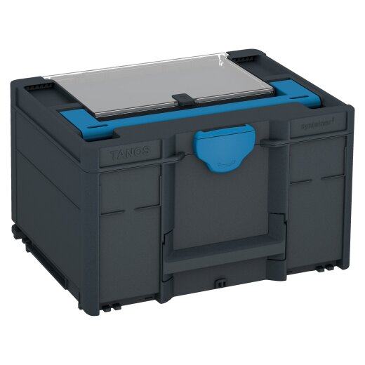 Tanos systainer³ Deckelfach M 237 anthrazit (RAL 7016), Verschluss himmelblau (RAL 5015), Griff himmelblau (RAL 5015)