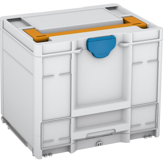 Tanos systainer³ Combi M 337 lichtgrau (RAL 7035), closure Sky blue (RAL 5015), handle daffodil yellow (RAL 1007)