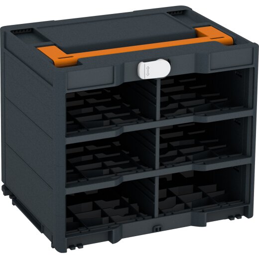 Tanos systainer³ Rack/0 M 337 anthrazit (RAL 7016), Verschluss lichtgrau (RAL 7035), Griff tieforange (RAL 2011)