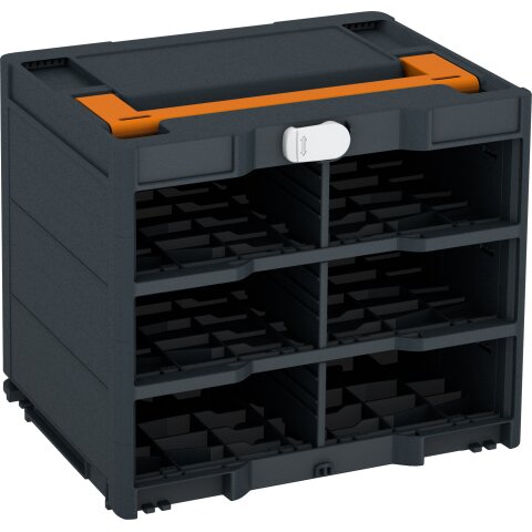 Tanos systainer³ Rack/0 M 337 anthrazit (RAL 7016), Verschluss lichtgrau (RAL 7035), Griff tieforange (RAL 2011)