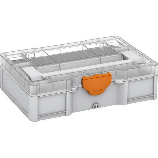 Tanos systainer³ S 76 transparent lid, body light grey (RAL 7035), closure deep orange (RAL 2011)