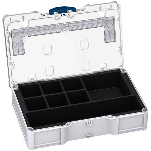 Tanos Universal-Systainer³ S 76 Deckel transparent, Grundkörper lichtgrau (RAL 7035), Verschluss saphirblau (RAL 5003)