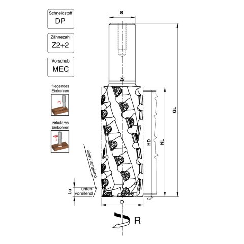 Aigner 40mm Diamant (PKD) Nutschaftfräser "C239-2" Konstantin®-Mini Finish Z2+2 40x104,20/165mm S25 rechts HSK-F 63 Schrumpffutter